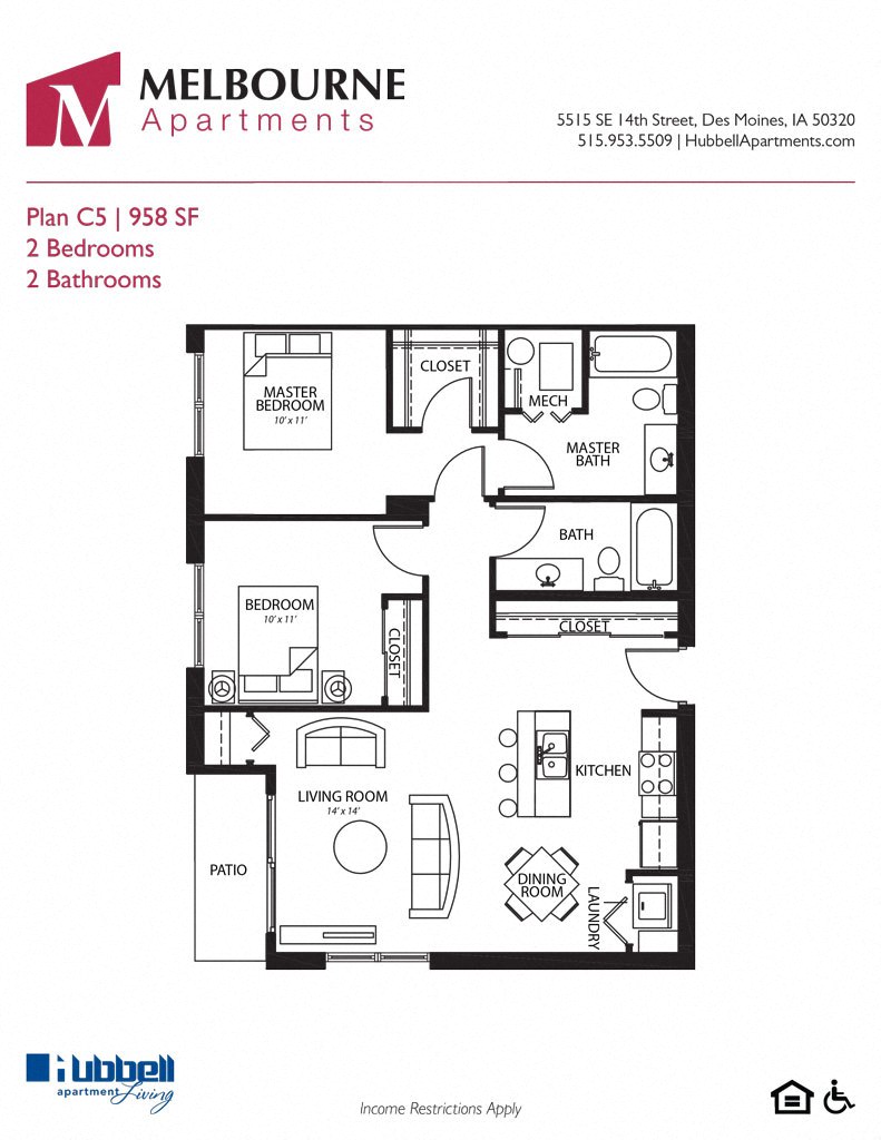 Floor plan for 2 beds, 2 baths, 970 sqft